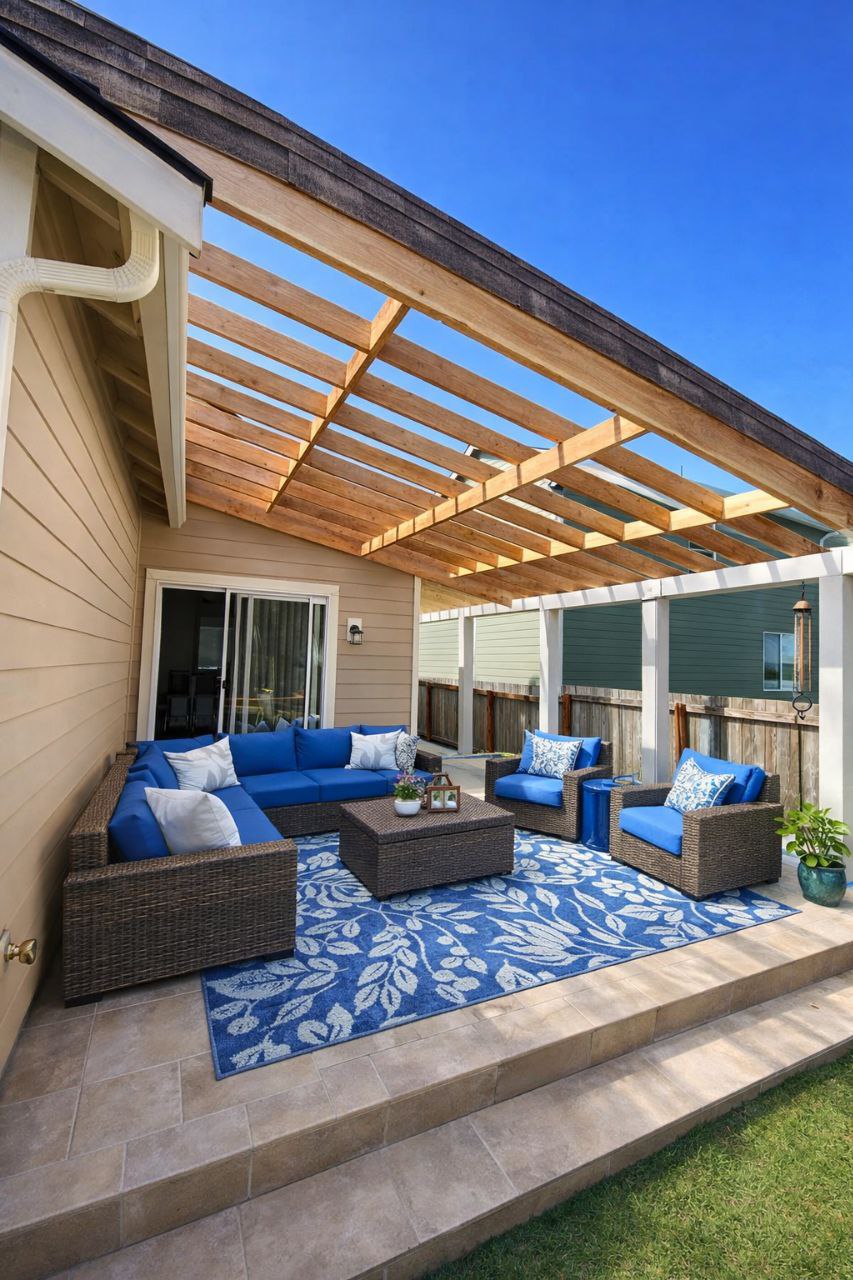 Completed luxury outdoor terrace with premium tile flooring and patio cover