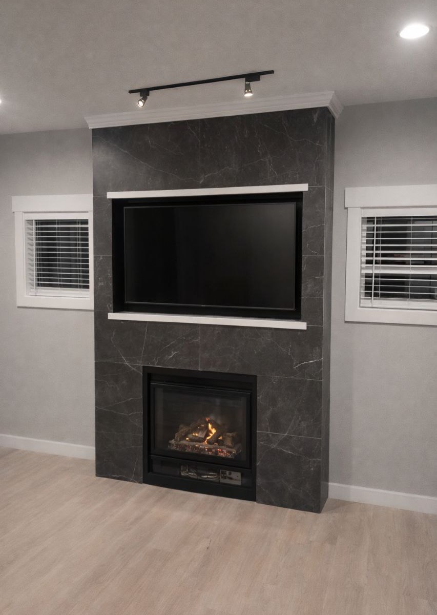 Completed Floor-to-Ceiling Dark Tile Fireplace