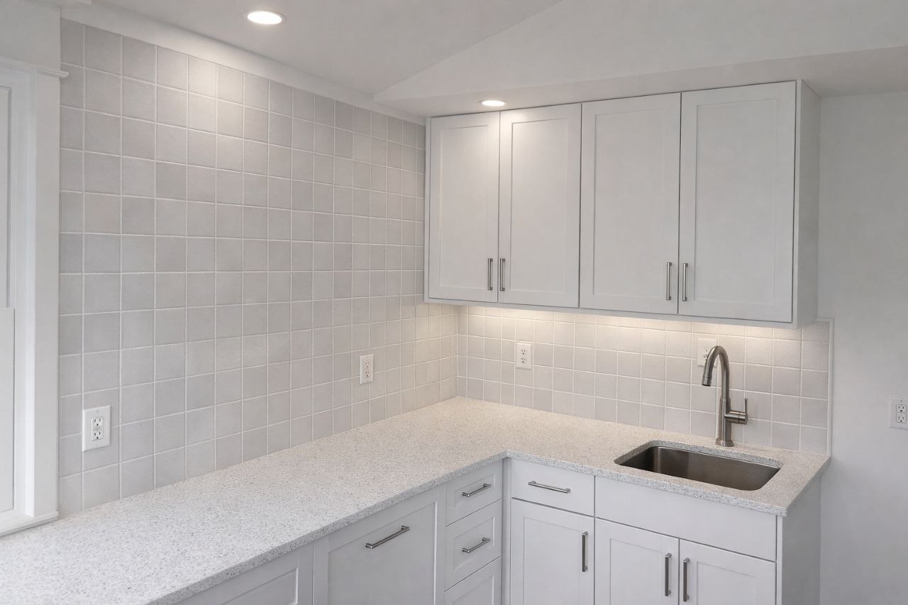 Completed Bright Kitchen with White Backsplash