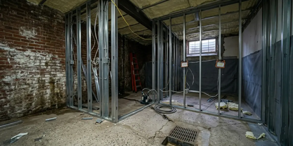 Basement remodeling in progress — steel framing and waterproofing, Seattle WA